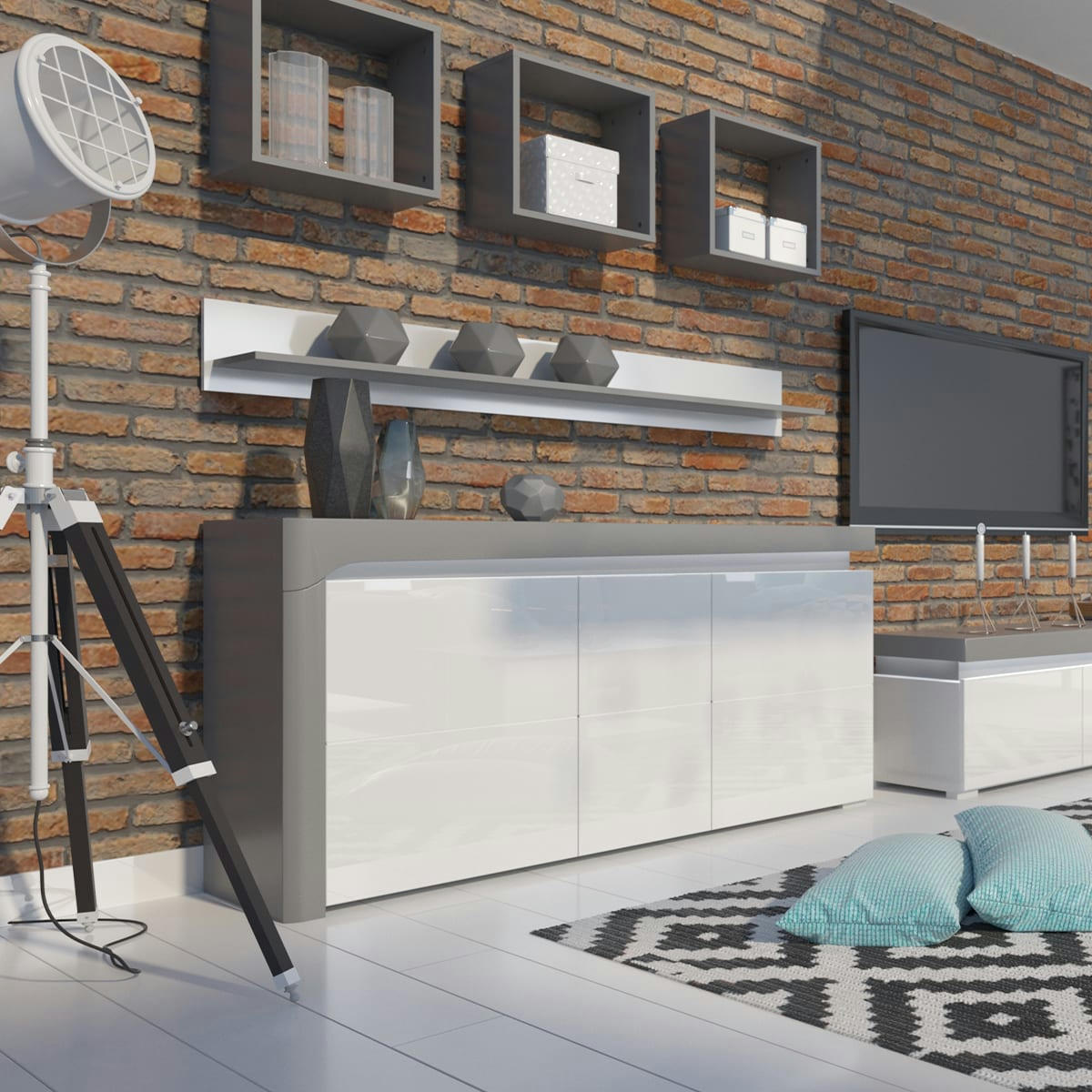 - Buffet 3 portes LED inclus stratifiés blanc et gris