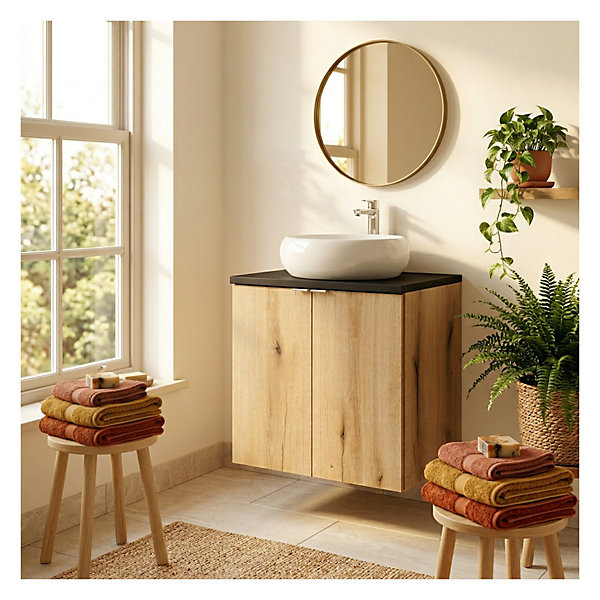 Ensemble de salle de bain suspendu VANO aspect chene et noir 60cm : meuble sous vasque à placards et plan pour vasque