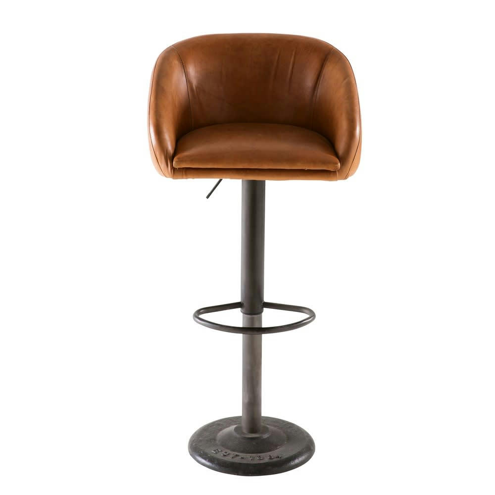 Gama - Chaise de bar industrielle en cuir camel H60/82