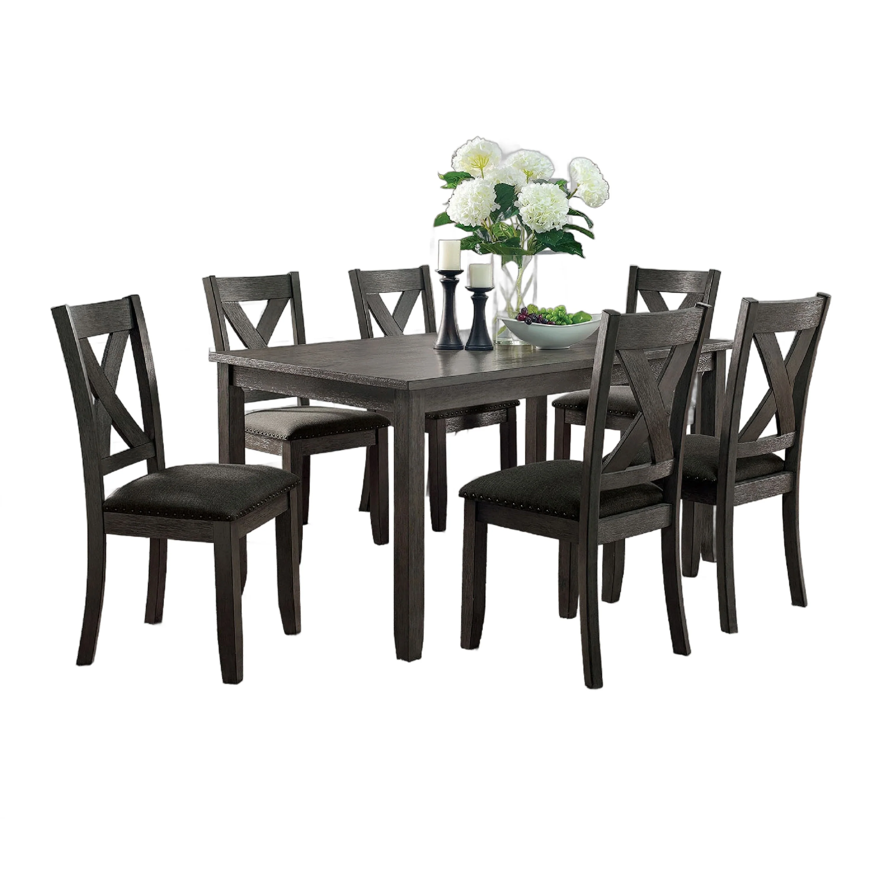 Garie 7pc Dining Table Set with 4 X-Cross Back Chairs, Gray Solid Wood