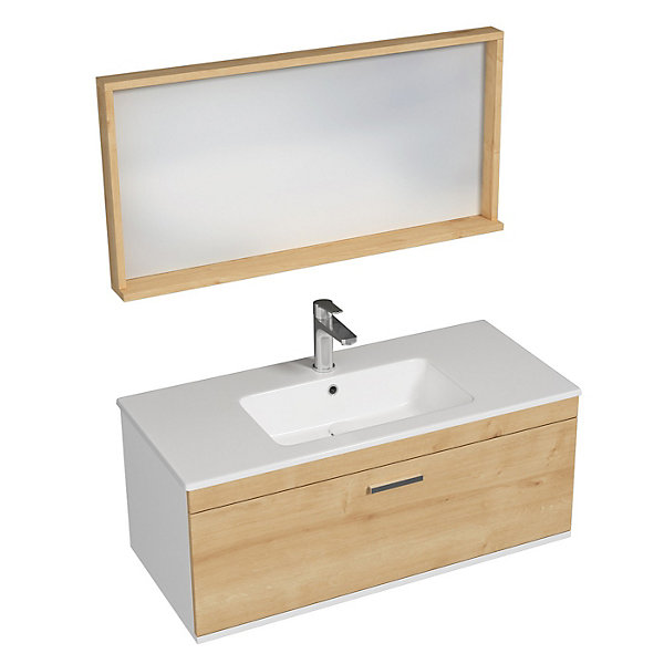 Meuble salle de bain simple vasque RUBITE 1 tiroir Chêne clair L. 100 cm   miroir cadre - Saniverre