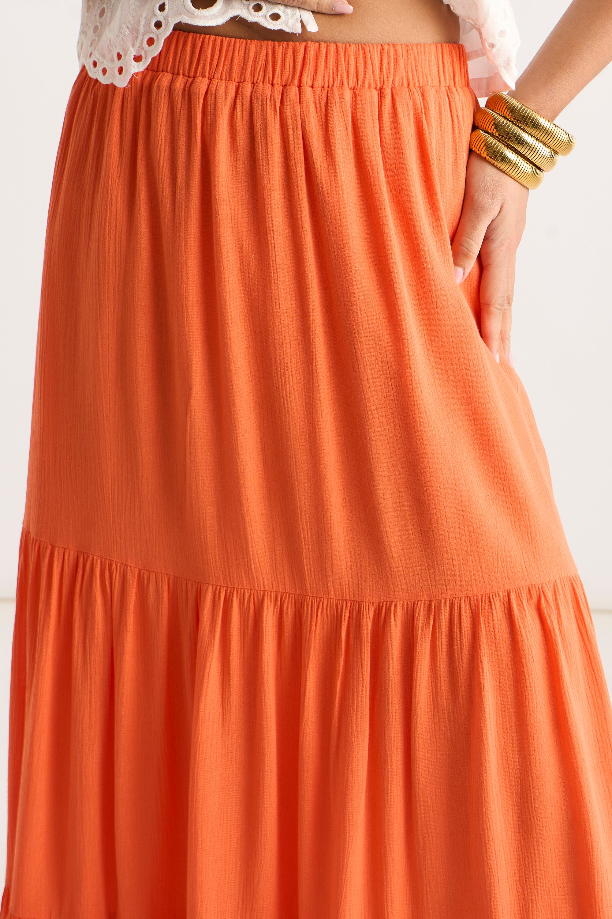 Gini London Orange Viscose Tiered Skater Maxi Skirt