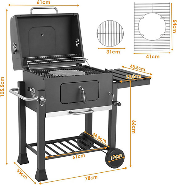 Barbecue au Charbon de Bois Grill XXL à Charbon avec Couvercle Etagère Latérale Thermomètre Event Réglable 116,3 x 105,5 x 55,7 cm
