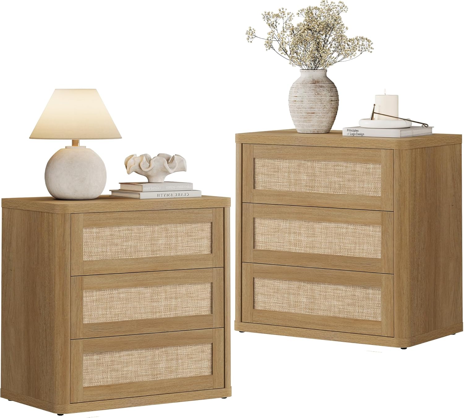 SICOTAS Rattan Nightstand Set of 2, 26.8 Wide Oversized 3 Drawer Night Stands, Boho Bedside End Tables with Push-Close & Kid-Safe Rounded Edge for Bedroom Guest Room Home Office Entryway, Amber Oak