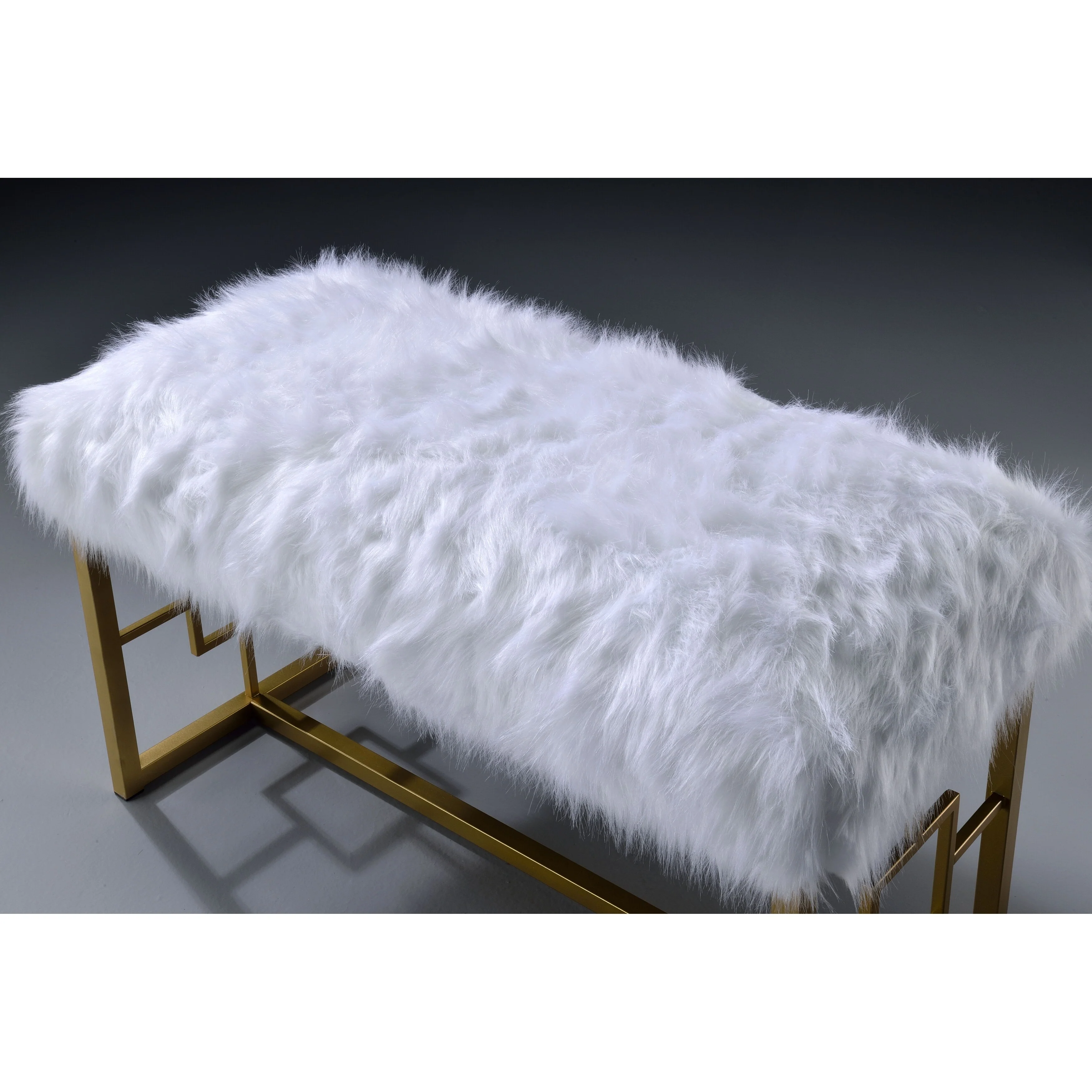 White Faux Fur and Gold Finish Bench