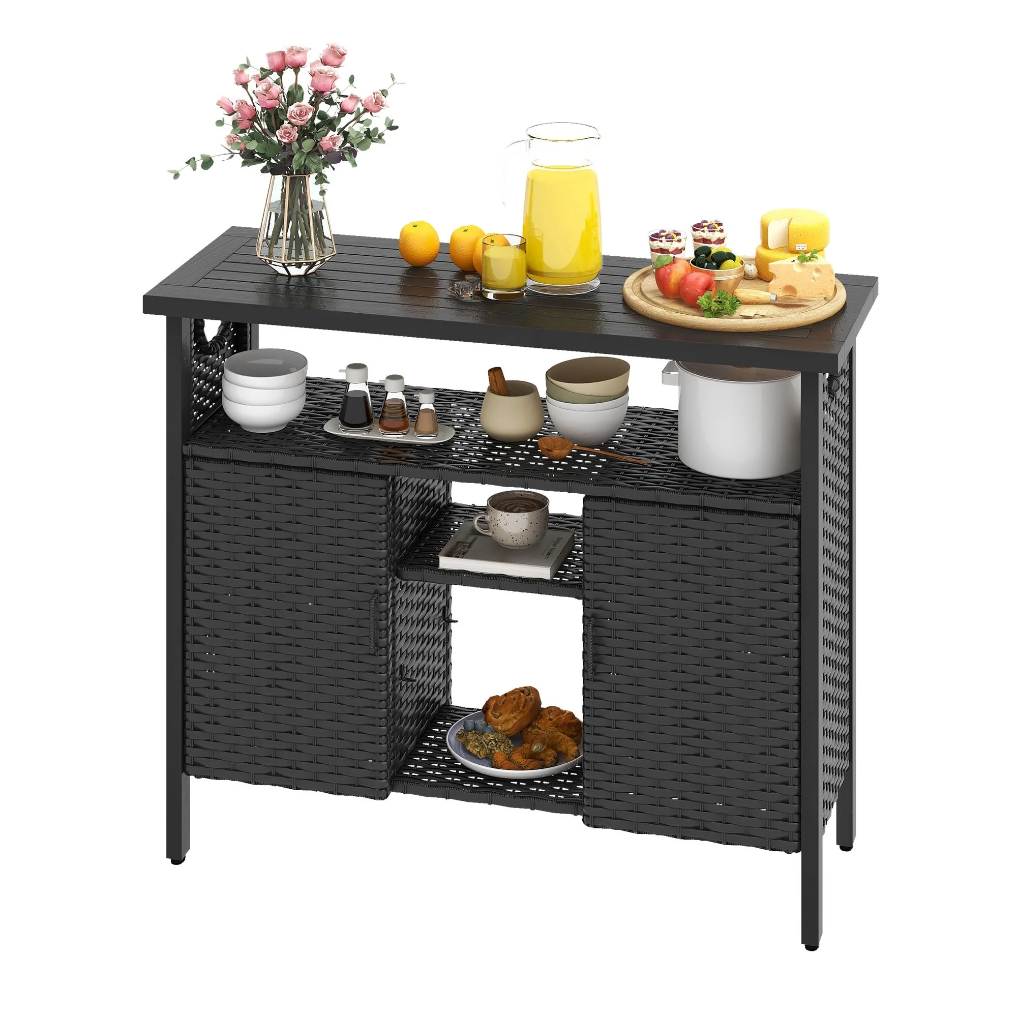 Moasis Wood and Wicker Outdoor Sideboard Storage Cabinet with Adjustable Shelves