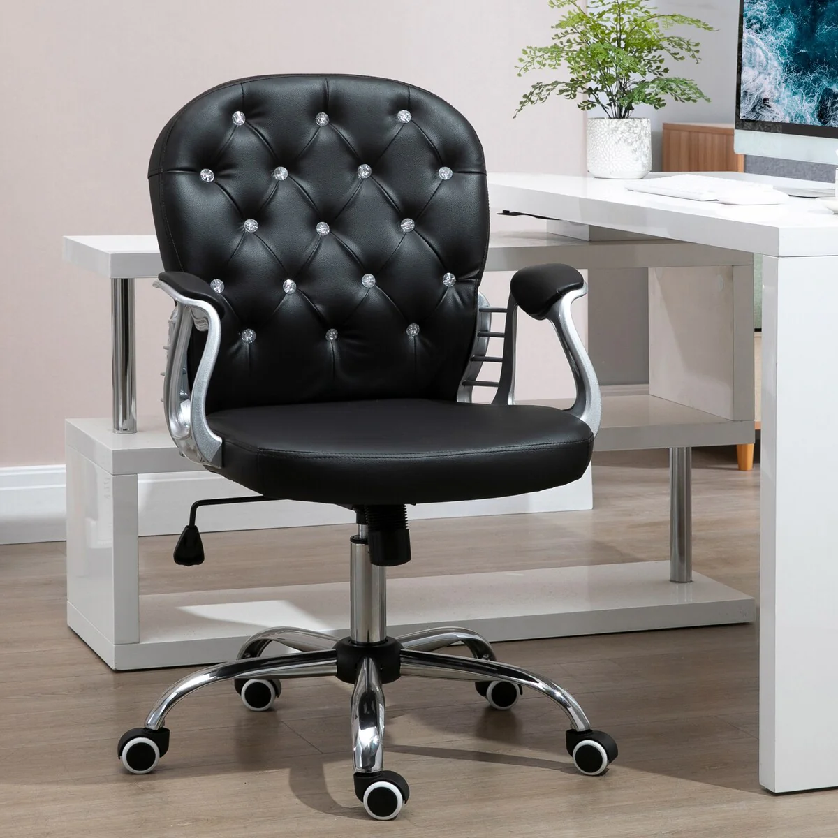 Black Button Tufted Office Chair with Padded Armrests and Swivel Casters