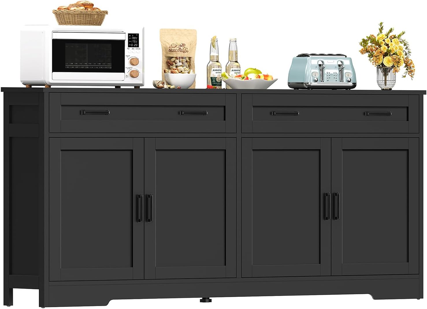 usikey 63 Buffet Cabinet with Storage, Large Sideboard Buffet Cabinet with 2 Adjustable Shelves and 4 Doors, Modern Farmhouse Coffee Bar for Kitchen, Living Room, Black