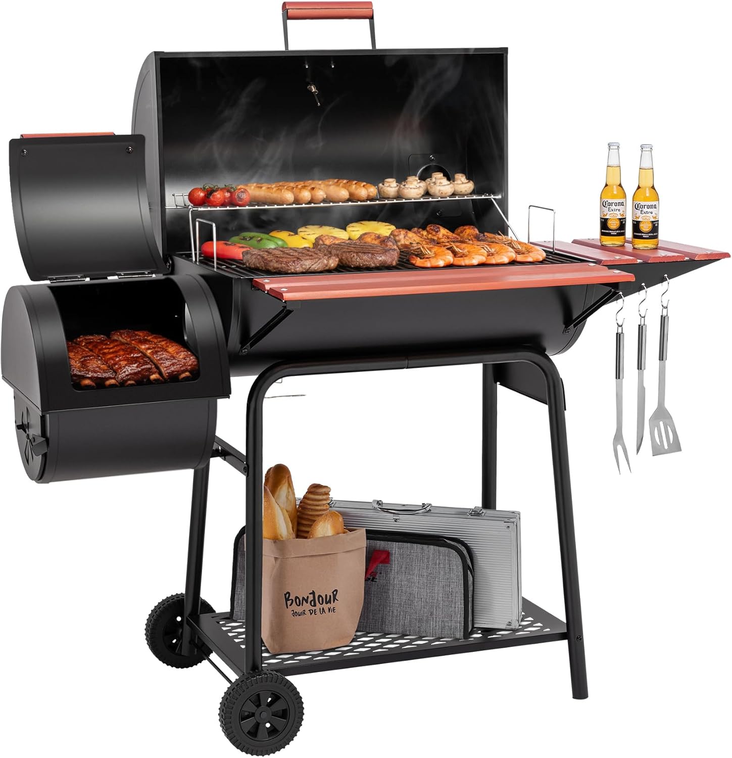 Royal Gourmet CC1830W 30-Inch Charcoal Grill with Offset Smoker and Wood-Painted Side Table  Outdoor Smoker Grill with 811 Sq. In. Cooking Area for Outdoor Barbecue Event  Black