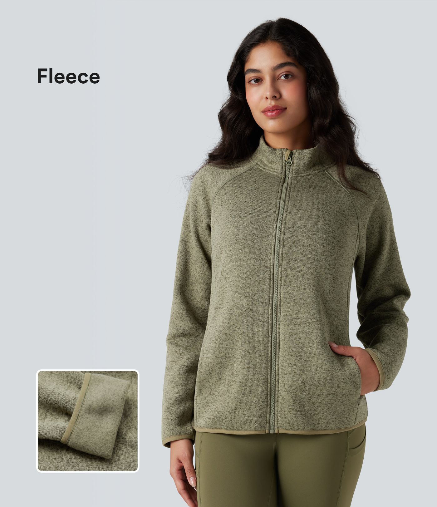 Veste polaire de randonnée chiné col montant manches longues avec fermeture éclair et poches