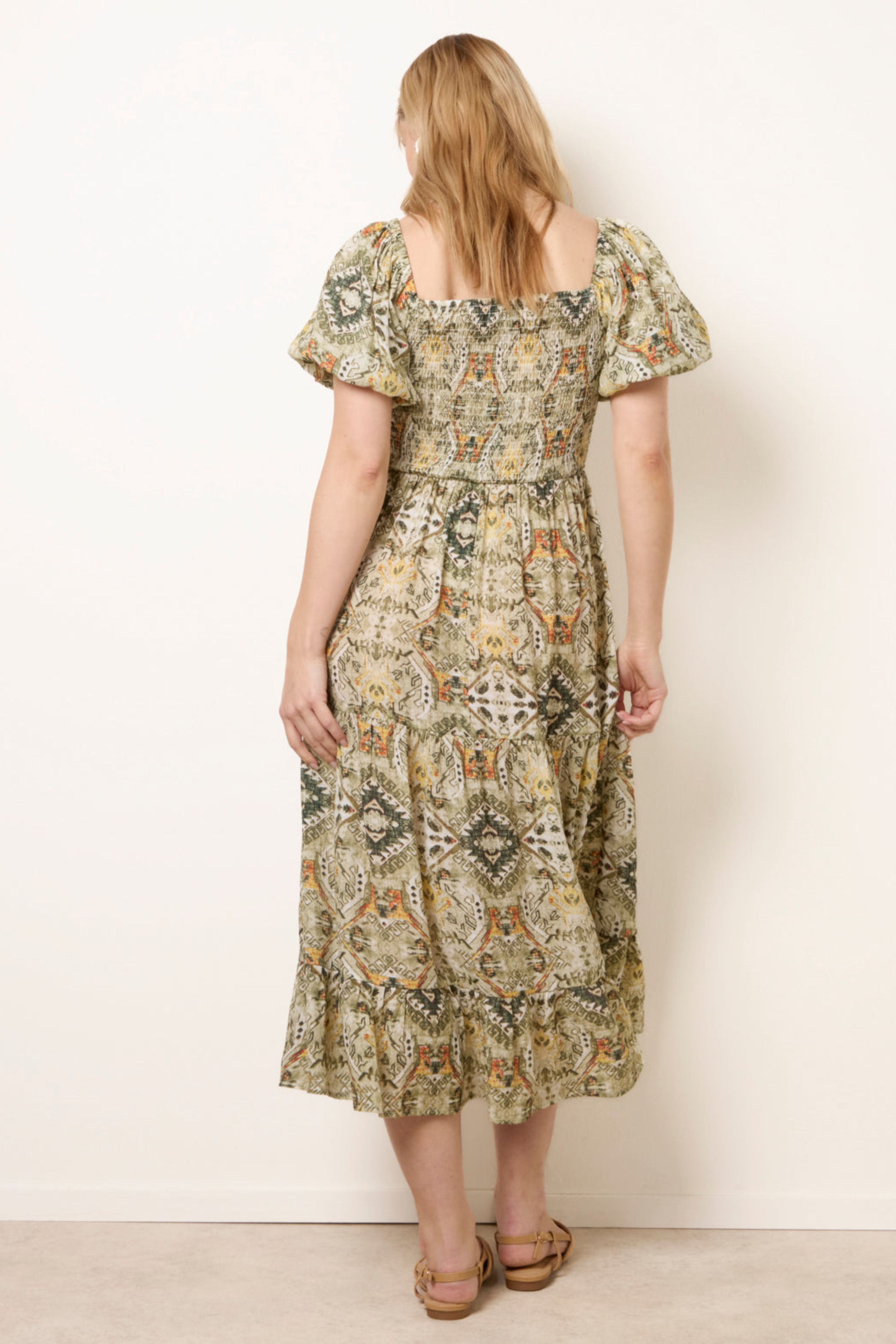Blue Vanilla Green Abstract Print Puff Sleeve Midi Dress