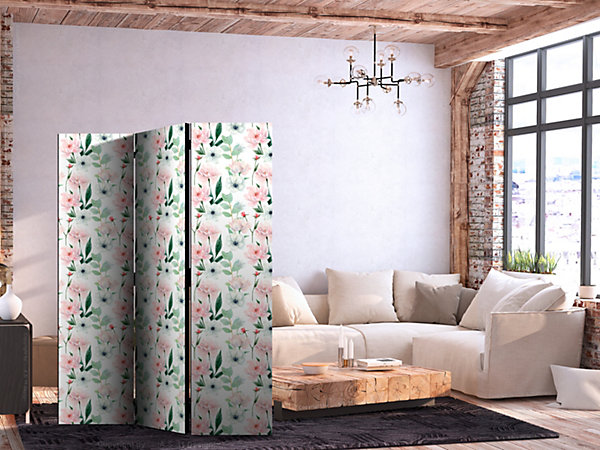 Paravent -Fleurs roses et blanches et feuilles vertesblanc