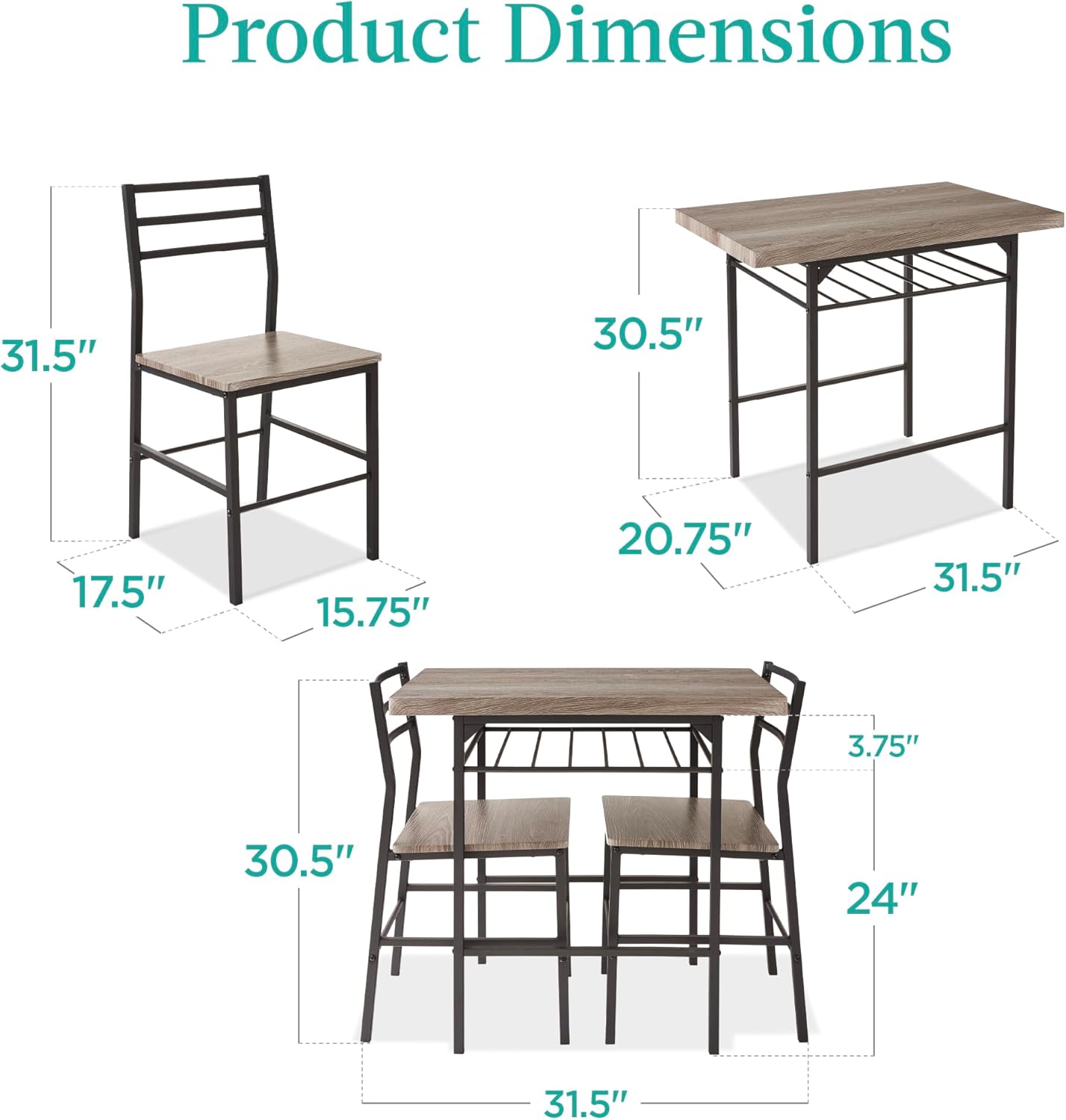 Best Choice Products 3-Piece Modern Dining Set, Space Saving Dinette for Kitchen, Dining Room, Small Space w/Steel Frame, Built-in Storage Rack - Gray/Black