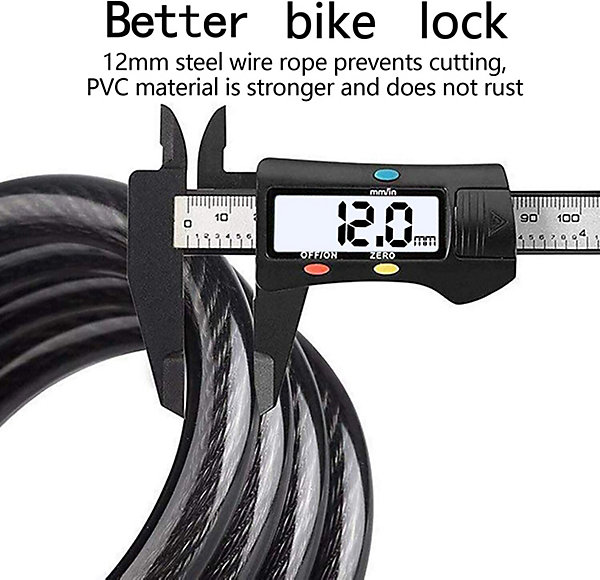 BASHLWUA Antivol Velo(Noir),Cadenas de velos Long 120cm x 12mm,Câble Antivol pour Vélo Scooter Motos Portail Vélo avec 5 Chiffres