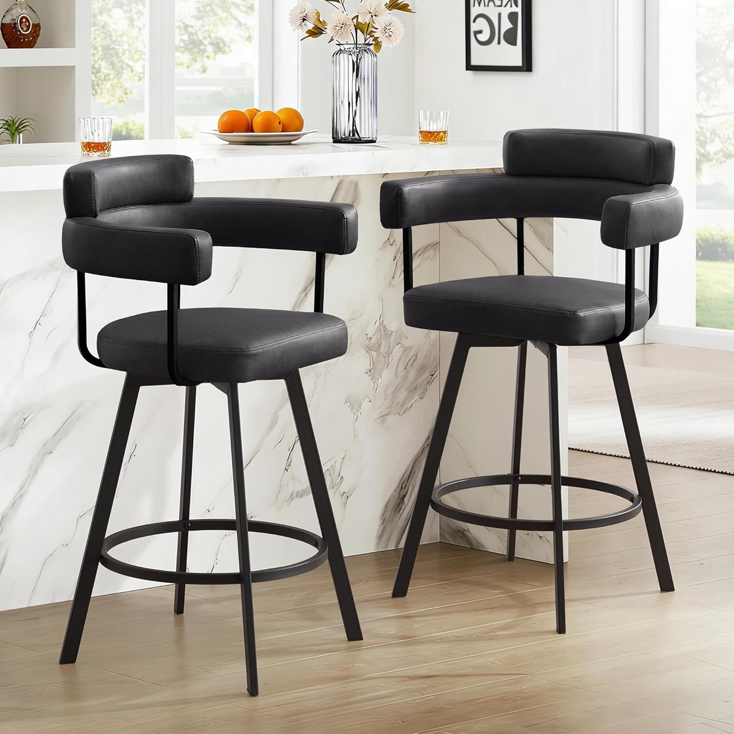 26’’ Swivel Counter Height Stools with Round Back, Faux Leather Upholstered Bar Stools with Metal Legs, Armrest, Modern Counter Stools for Kitchen Island, Dining Room (Black, Set of 2)