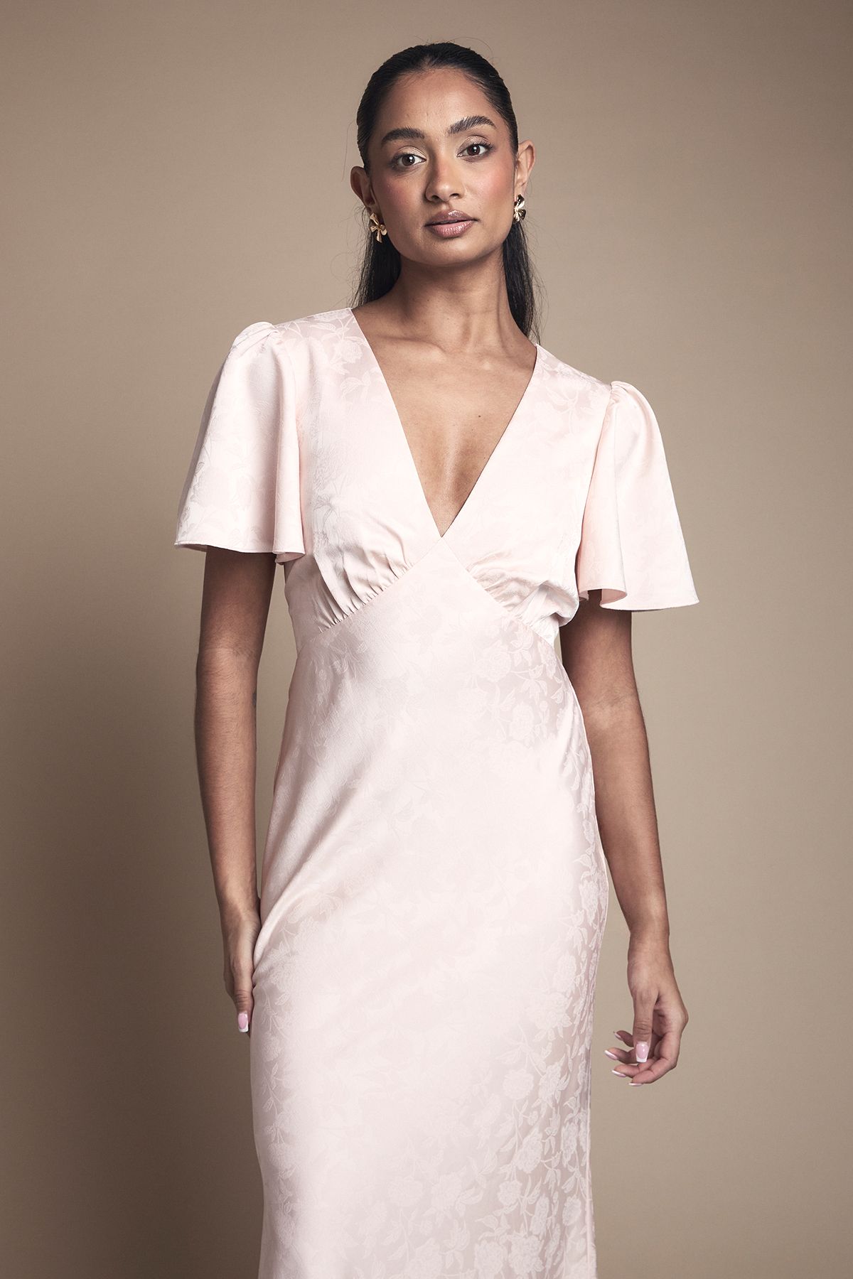 Oasis Angel Sleeve Satin Jacquard Bridesmaid Maxi Dress