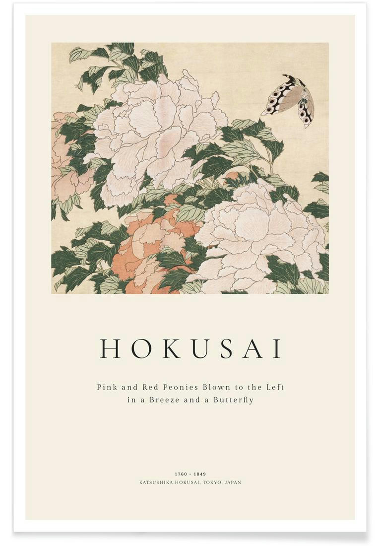HOKUSAI - PINK AND RED PEONIES BLOWN TO THE LEFT - Affiche blanc ivoire & rose