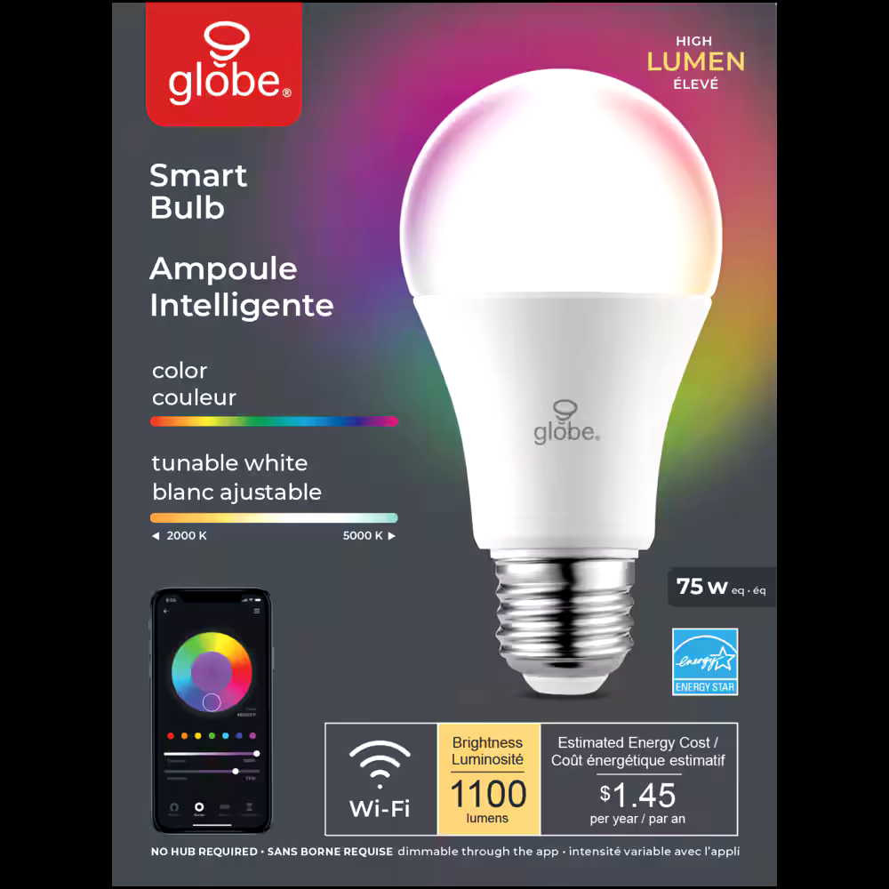 Globe Electric A19 Smart Wi-Fi LED Light Bulb, 1100 Lumens, Colour/Tunable White, 75W