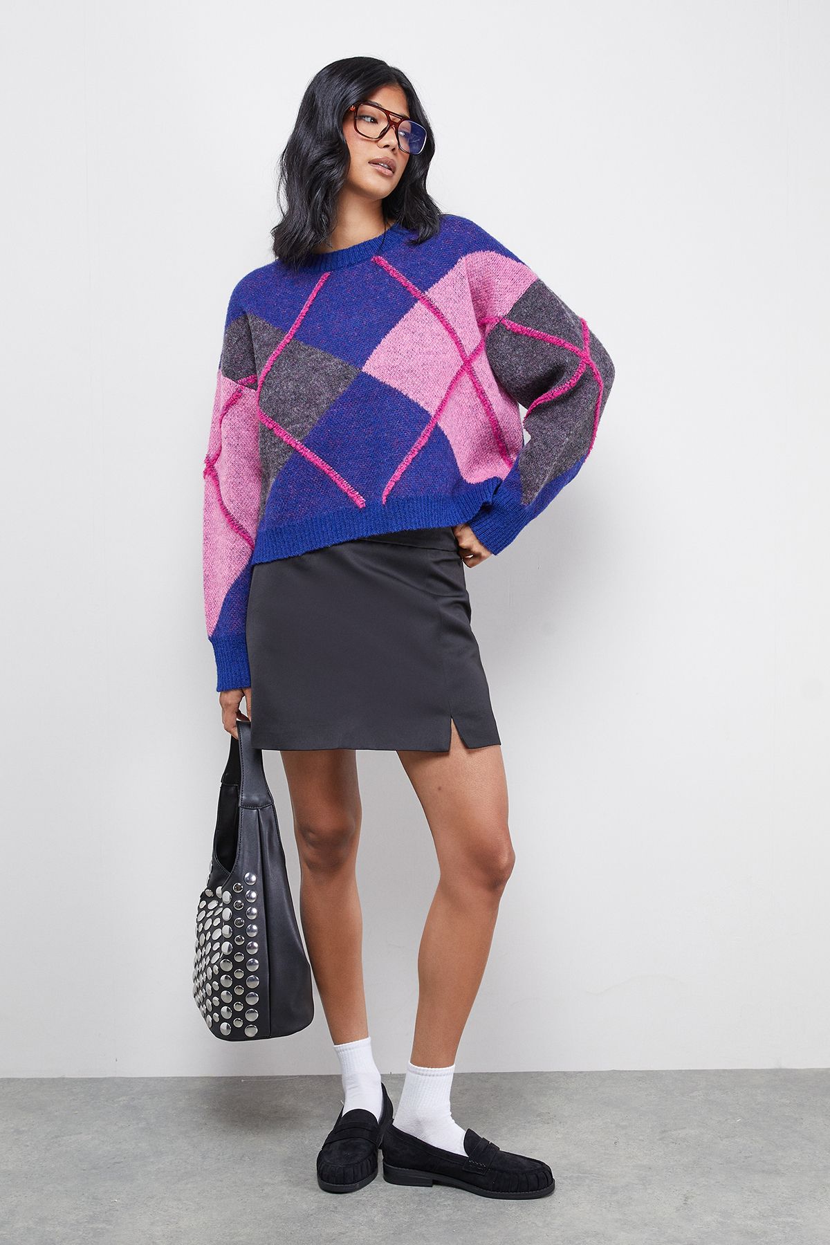 Warehouse Oversized Argyle Jumper