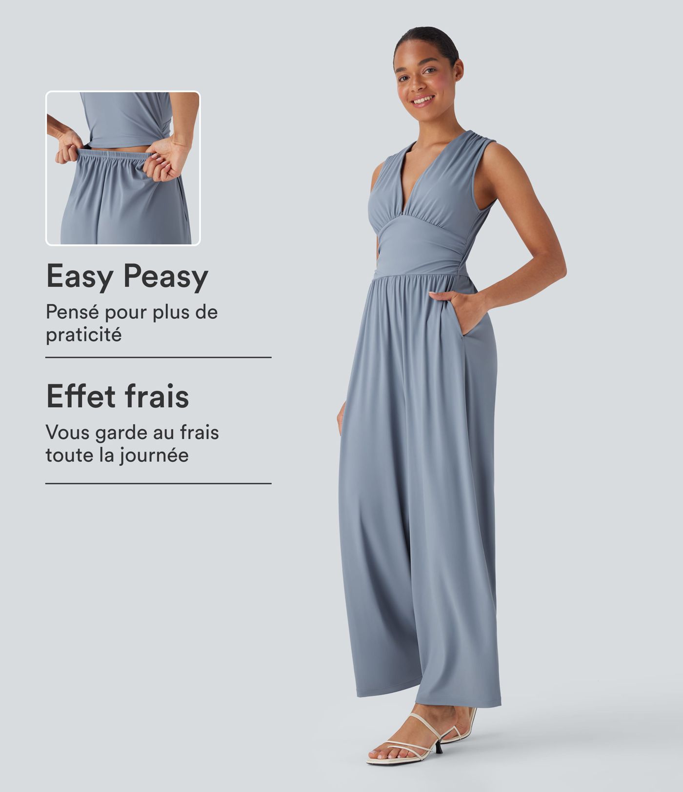 Combinaison décontractée SoftlyZero™ Airy à effet frais InstantCool à col V sans manches avec fronces, poches latérales et zip invisible, accès facile Easy Peasy