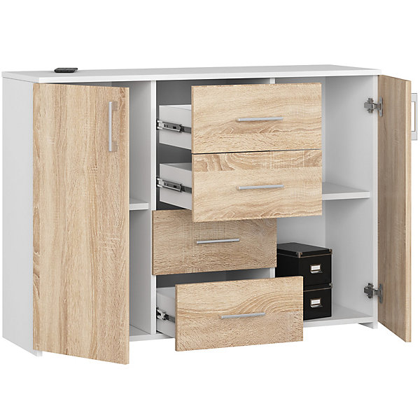 Commode AKORD K45 Blanche 110 cm 2 portes 4 tiroirs façade Chêne Sonoma 4 étagères 110x35x80 cm