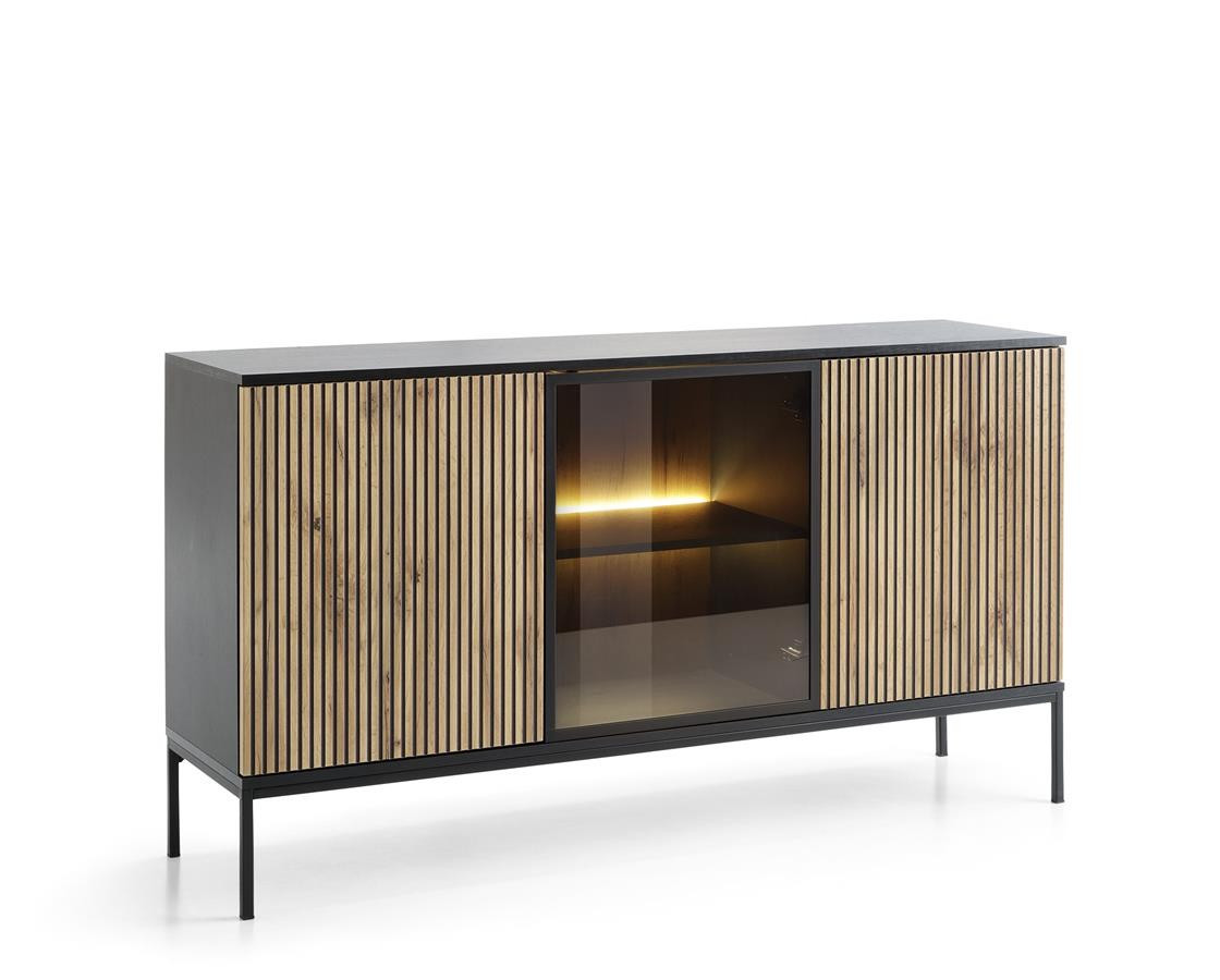 Komoda trzydrzwiowa z oświetleniem LED 154 cm Czarna