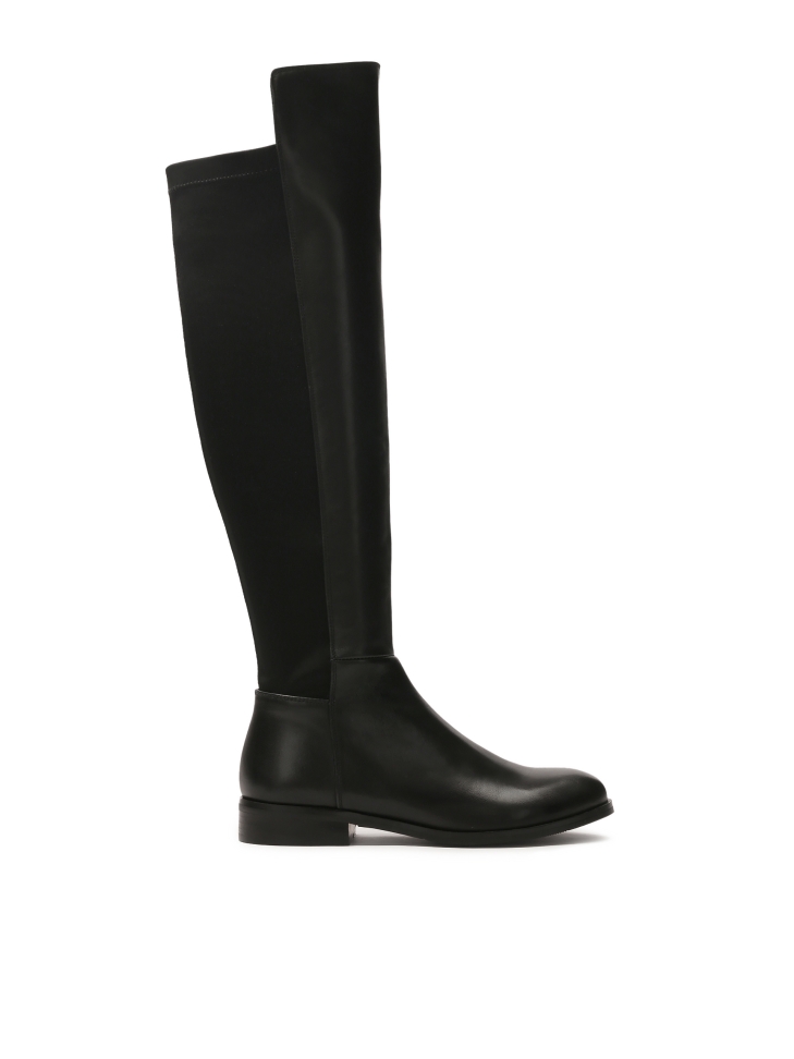 Black flat boots in leather and fabric