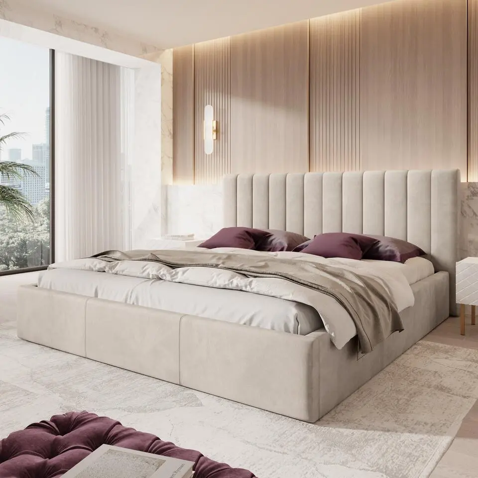 Meubella - Tweepersoonsbed Chief - Beige - Velvet - 200x200 cm