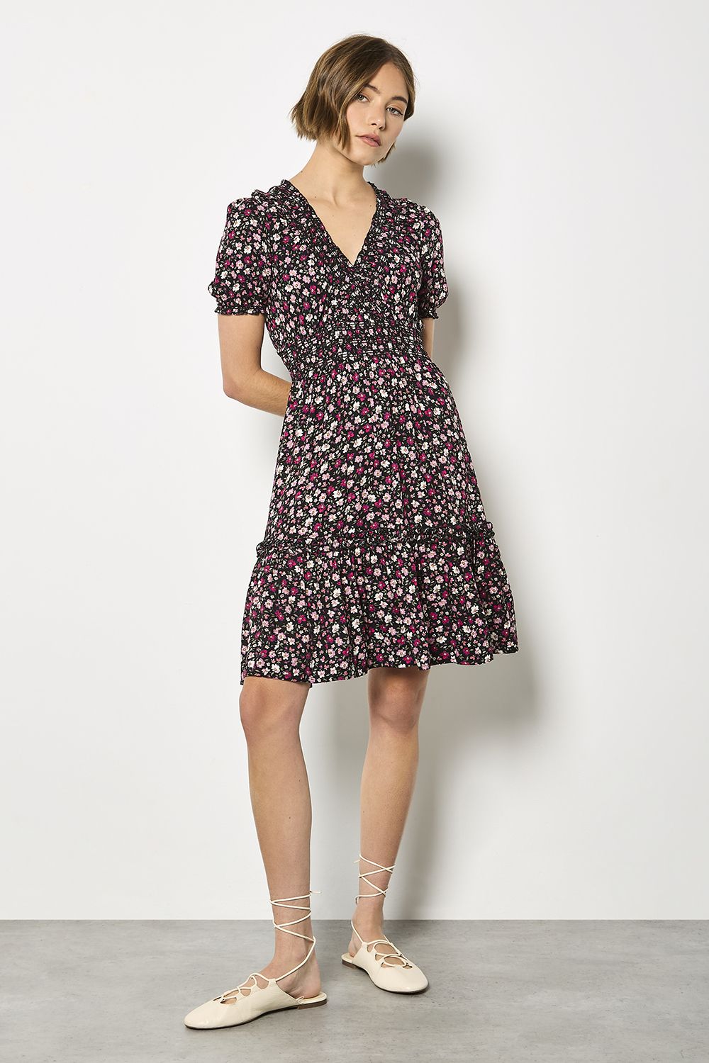 Apricot Ditsy Floral Smocked Mini Dress