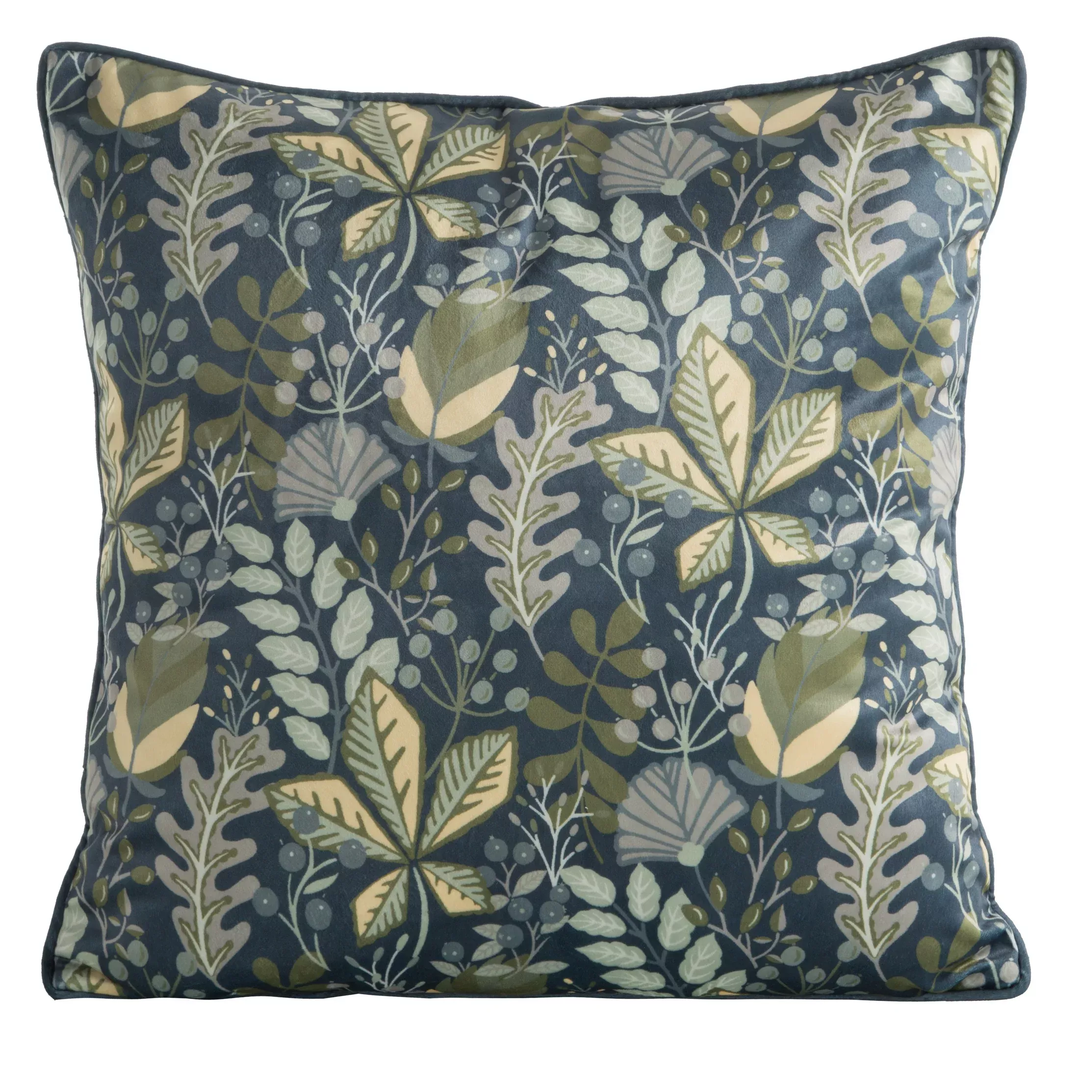 Poszewka na poduszkę 45x45 cm welwetowa, granatowo zielona zdobiona nadrukiem liści i elegancką lamówką VELVET 107