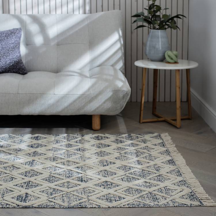 Habitat Printed Cream & Blue Cotton Flatweave Rug -120x170cm