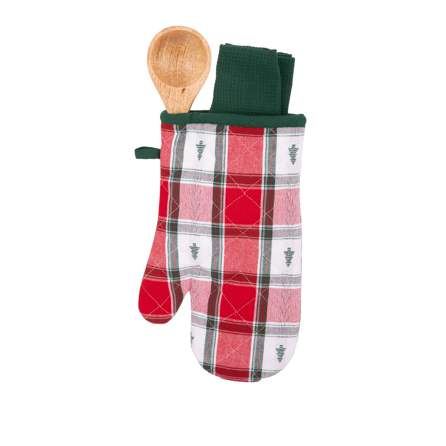 Set guanto, cucchiaio e strofinaccio tartan alberi