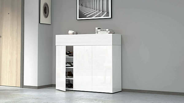 Etagere à chaussures Nick, meuble à chaussures peu encombrant à 4 portes, 114x38h100 cm, effet mélèze blanc