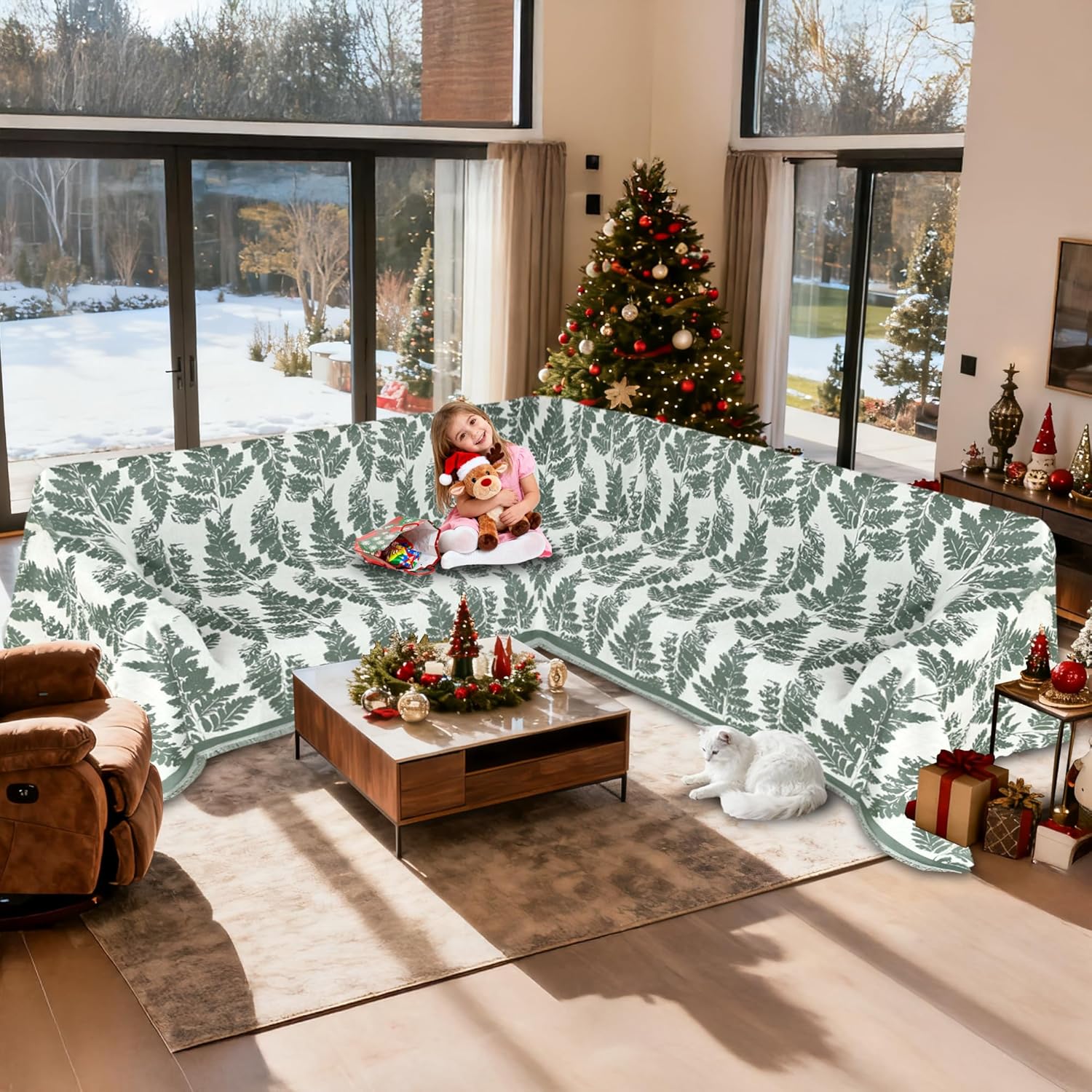 1OO% Waterproof Sectional Couch Covers for Dogs L Shaped Corner Sofa Cover Washable Chenille Sofa Slipcovers Blanket Modern Jacquard Pet Furniture Protector (91x252, Sage Green)