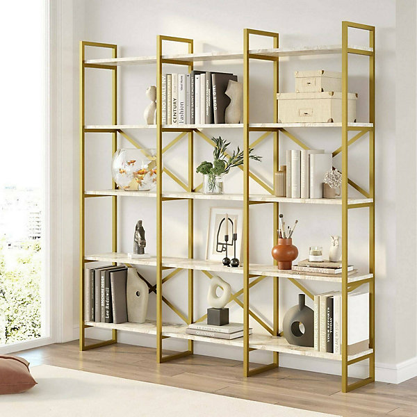 Bibliothèque Gauro, Etagère de bureau, Porte-livre mobile, Librairie, 170x30h175 cm, Blanc et Or
