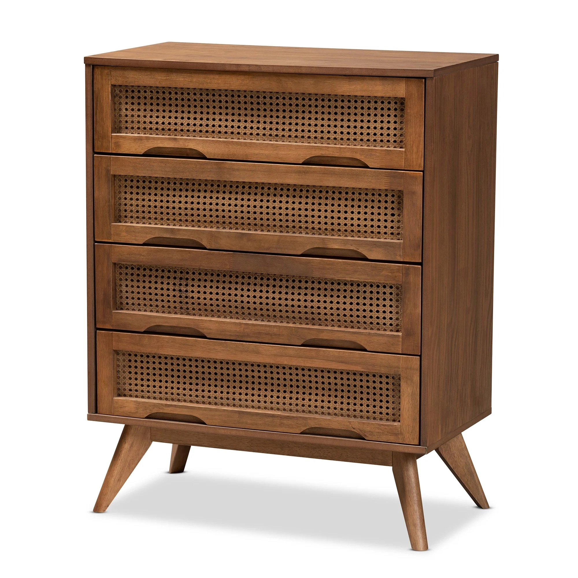 Barrett Mid-Century Modern Wood and Rattan Chest in Walnut Brown Color