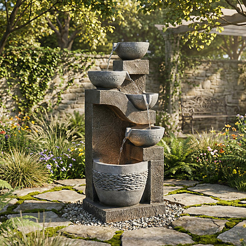 Fontaine de jardin cascade LED à 5 niveaux - Aspect de pierre - Résine de fibre de verre - Pompe incluse - Gris