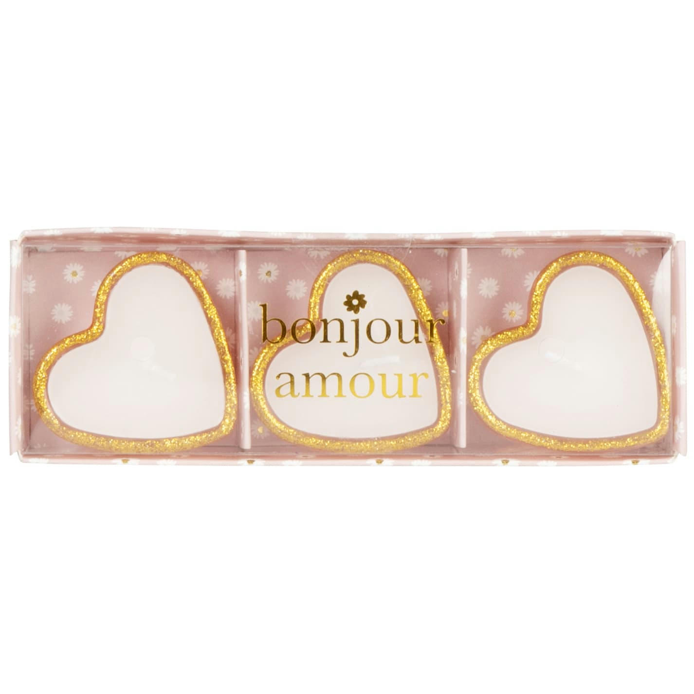 AMOUR - Coffret bougies lumignons parfumées cœurs en verre rose et doré (x3)