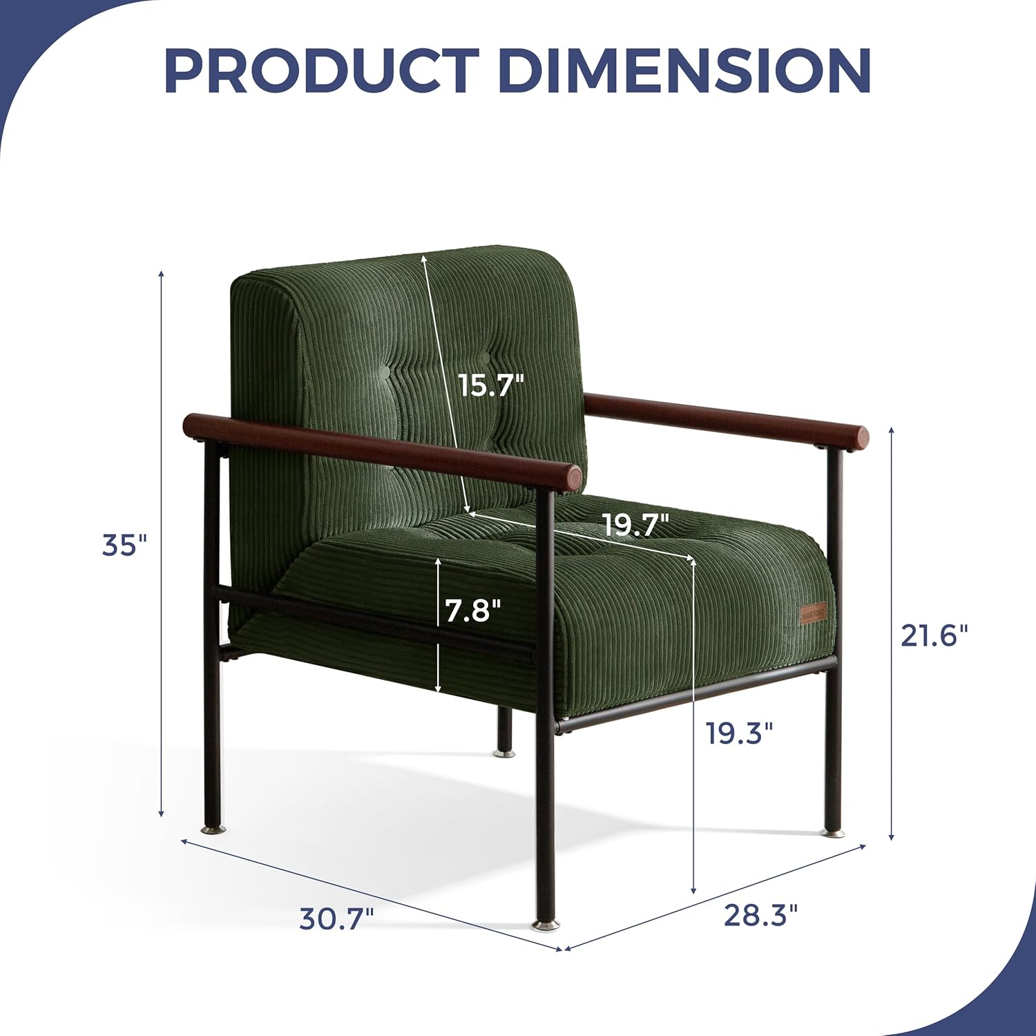 MAXYOYO Living Room Accent Chair, Modern Chair with Sturdy Metal Frame & Wood Armrests, Upholstered Reading Chair with Upholstered Cushion for Bedroom Balcony Porch, Dark Green
