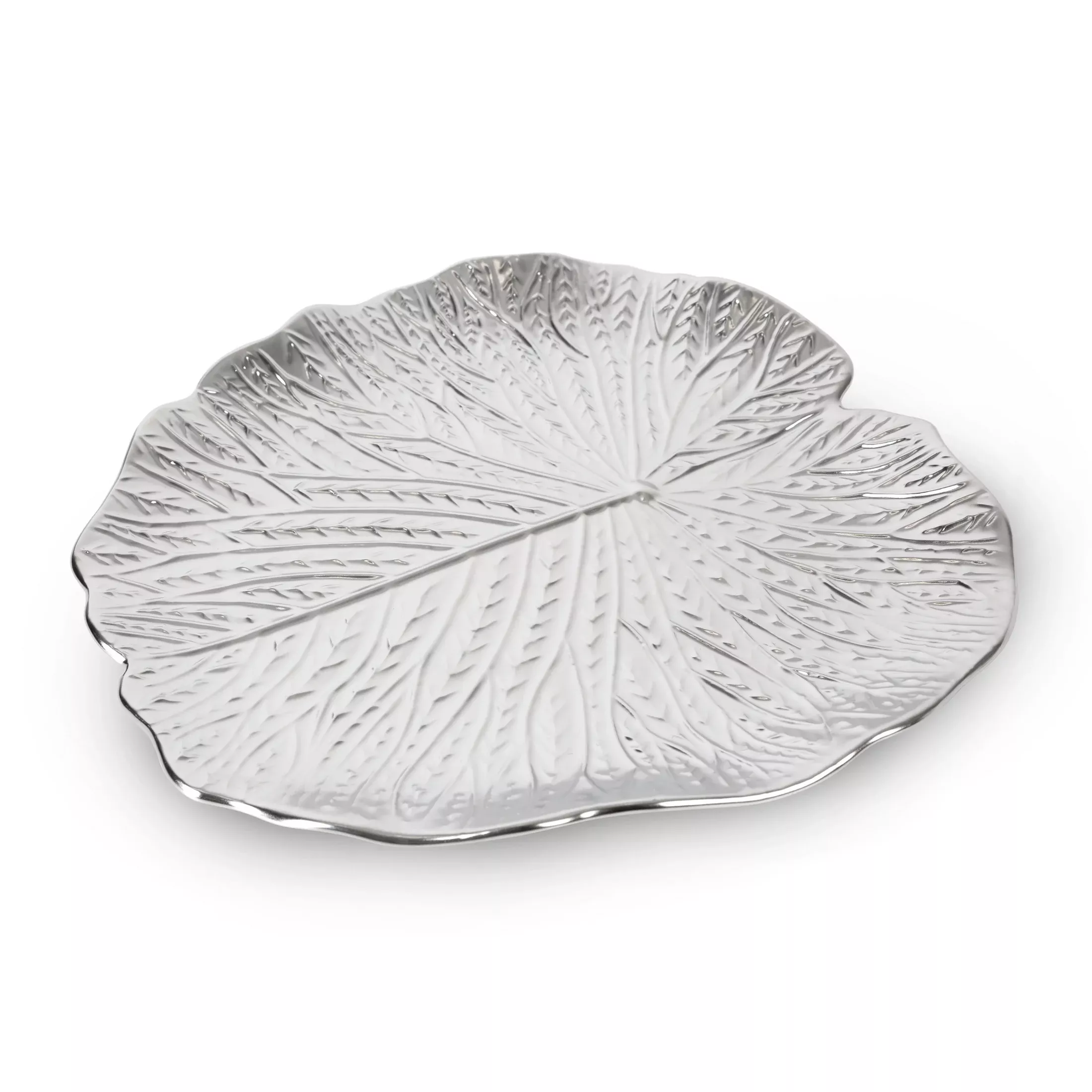 Patera ceramiczna dekoracyjna srebrnaw formie liścia z wytłoczeniami średnica 33x2 cm KALINA