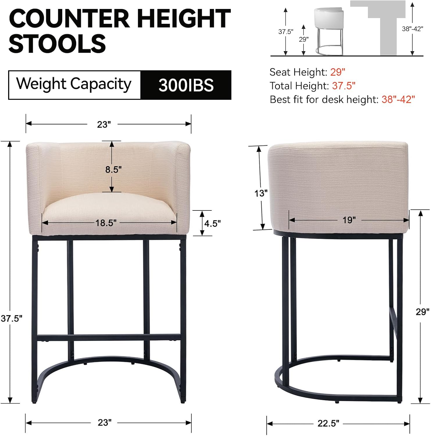 Contemporary Cream Linen Bar Stools Set of 3, 29 Upholstered Fabric Counter Height Barstools Kitchen Counter Island Stools with Black Metal Base