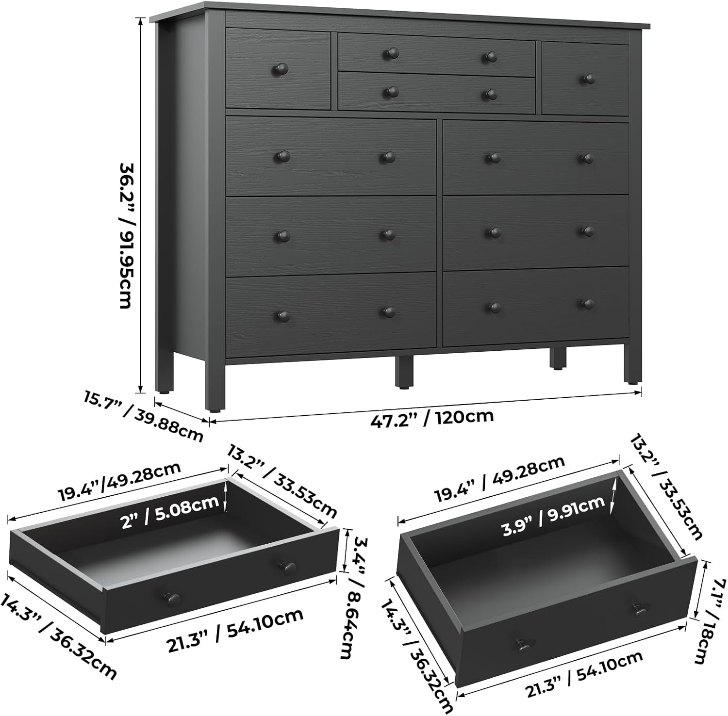 10 Drawer Large Black Dresser for Bedroom, 47.2 Long Chest of Drawers with Deep Drawers, Modern Wooden Storage Dresser for Closet, 36.2 Tall TV Stand for Living Room, Hallway, Entryway