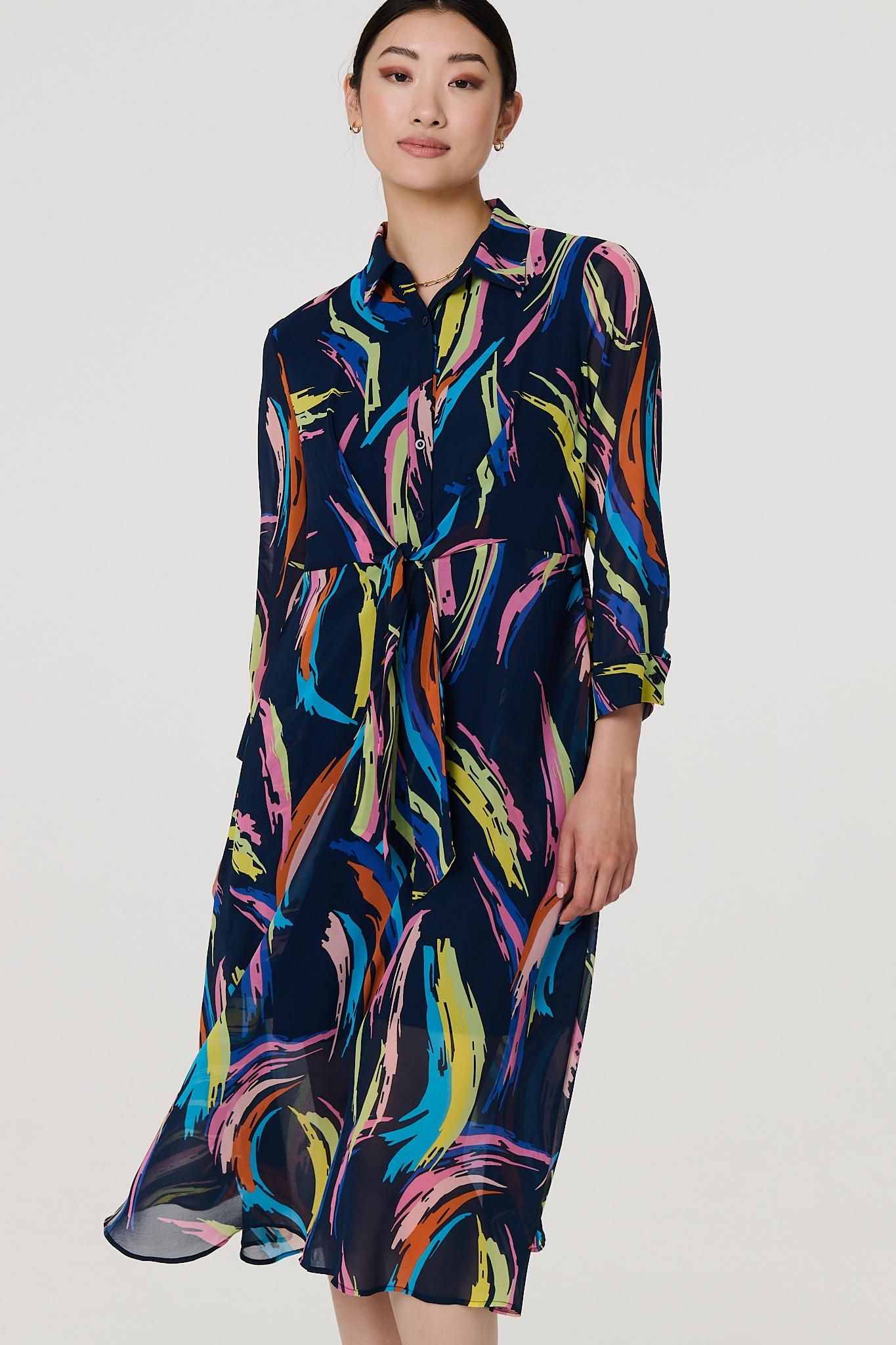 Izabel London Abstract Tie Front Midi Shirt Dress
