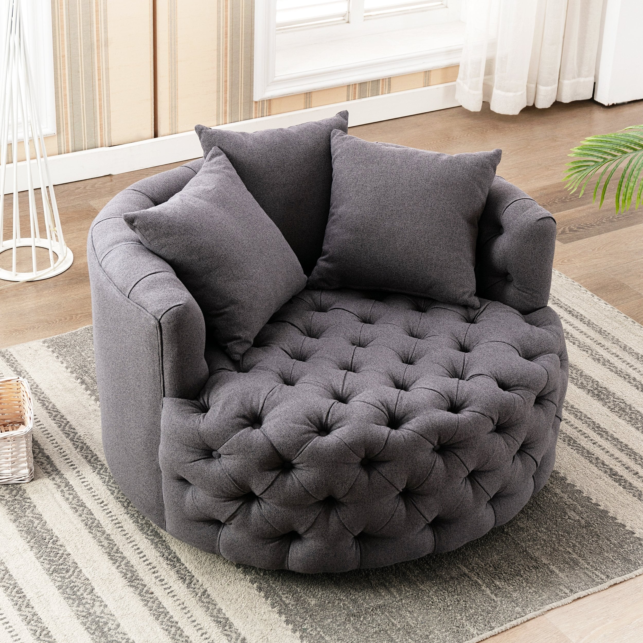 KINWELL Retro Round Tufted Swivel Barrel Chair