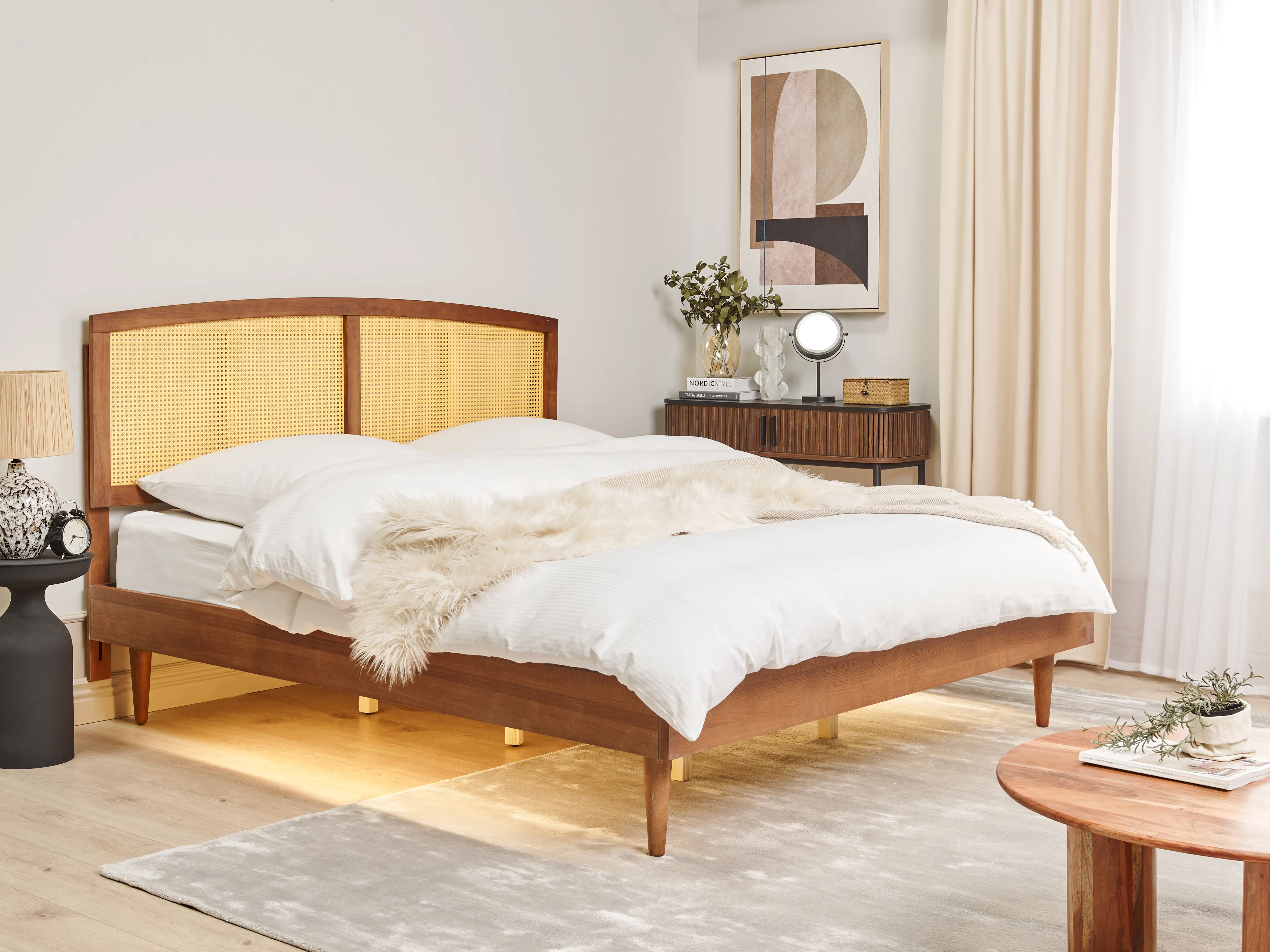 Bed with LED Rattan VARZY 180 x 200 cm (EU Super King) Brown