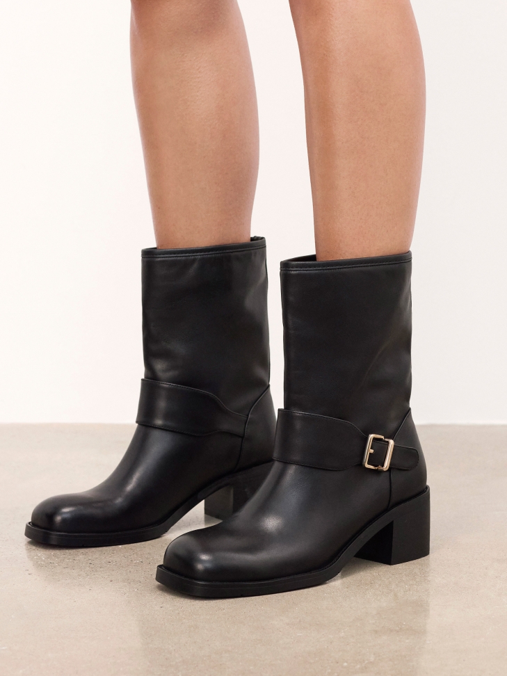 Black leather boots with square toe