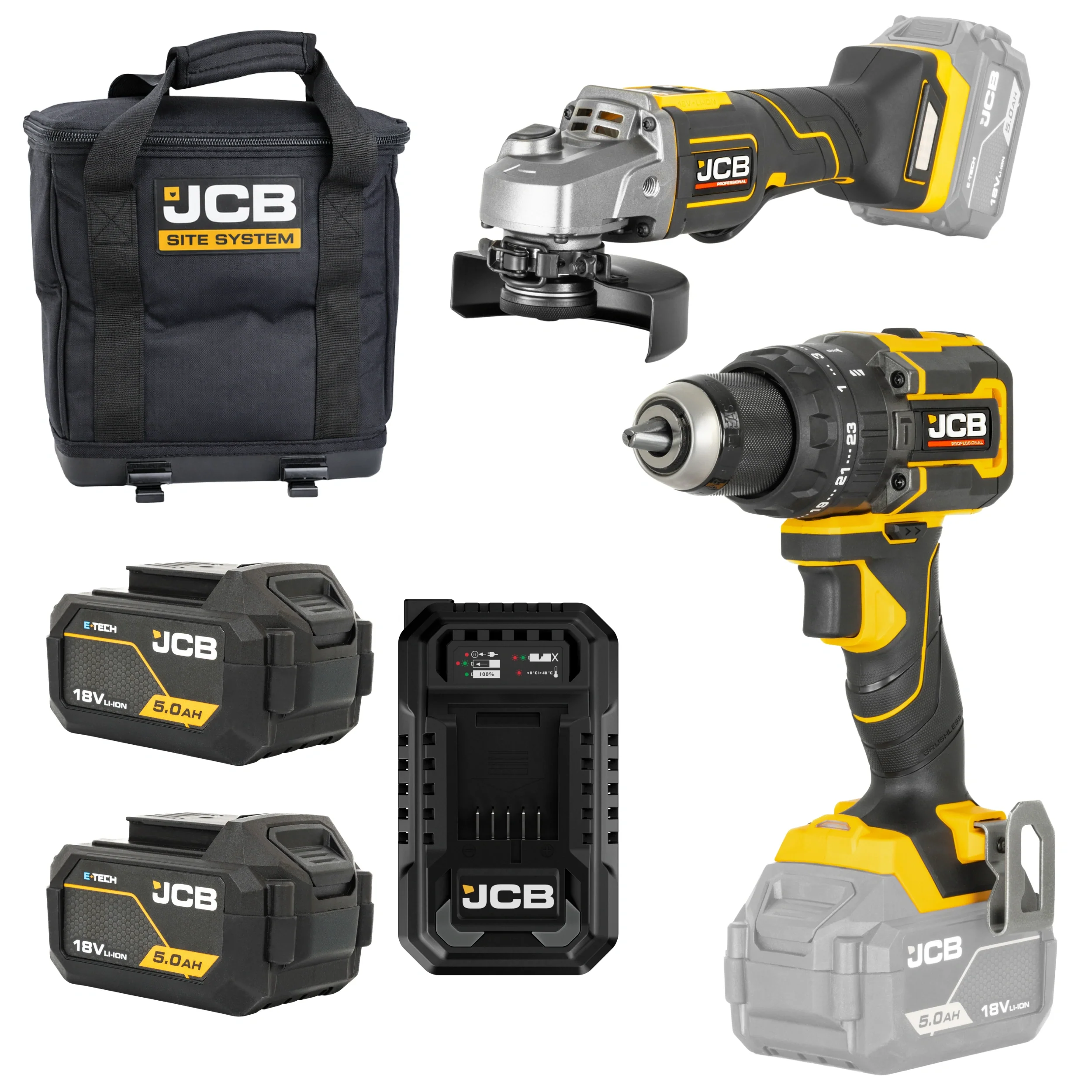 JCB Professional Zestaw Wiertarko-wkrętarka 75 Nm Szlifierka kątowa 125 mm 2x 5Ah Ładowarka Torba