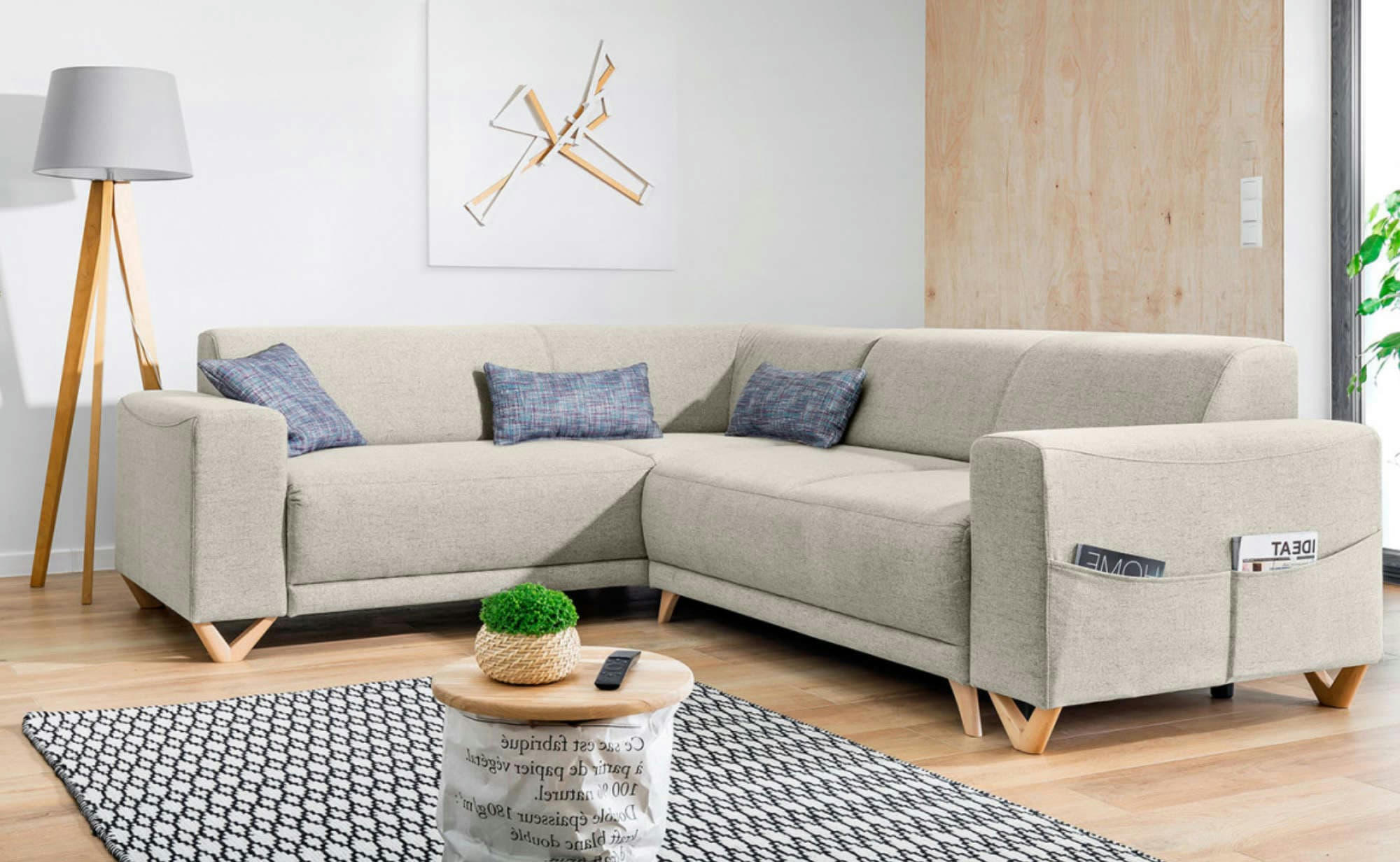 BELLA - Canapé panoramique 6 places angle gauche en tissu beige