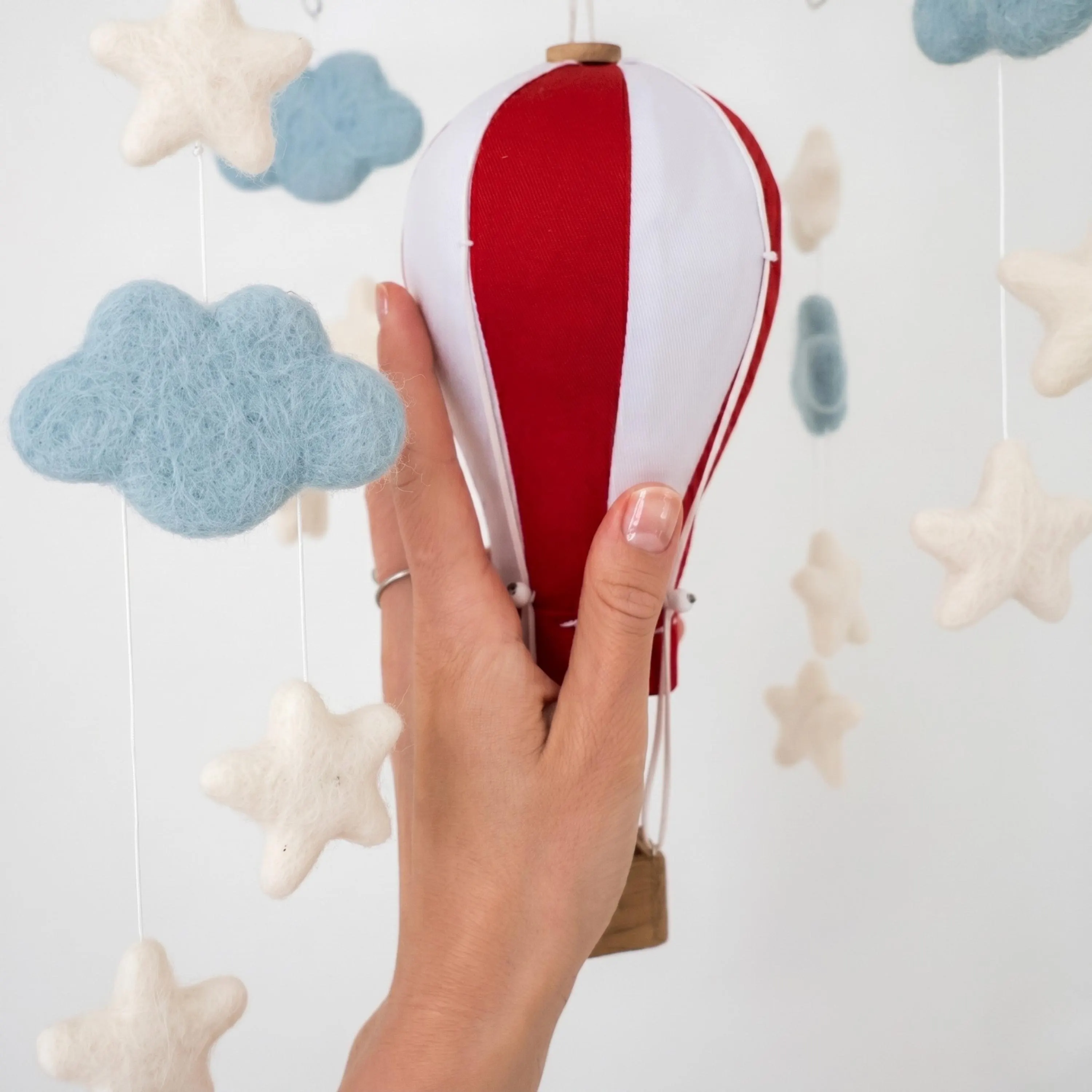 Red Hot Air Balloon Baby Mobile, Blue Felt Clouds, Cream Stars, Retro Nursery Decor