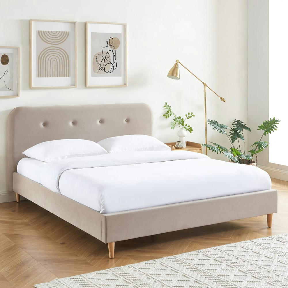 ÉLANION - Lit capitonné en velours 160x200cm beige